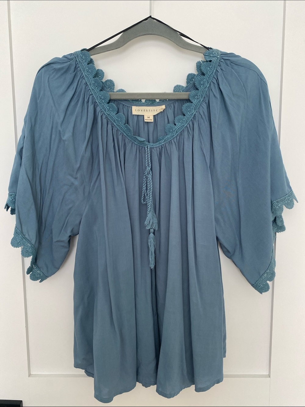 Lovestitch Dusty Blue Tassel Tie Peasant Tunic